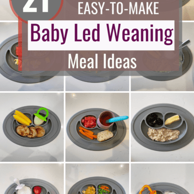 Grid of 12 photos of baby led weaning meal ideas with text overlay: "21 Easy to Make Baby Led Weaning meal ideas"