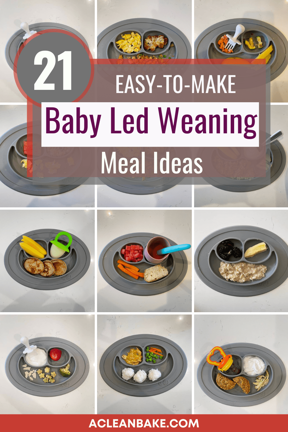 Grid of 12 photos of baby led weaning meal ideas with text overlay: 